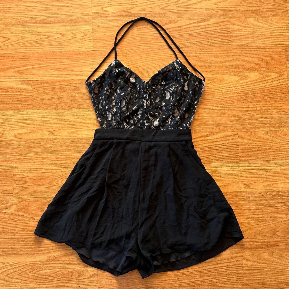 Sexy Black Lace Backless Romper with Pockets